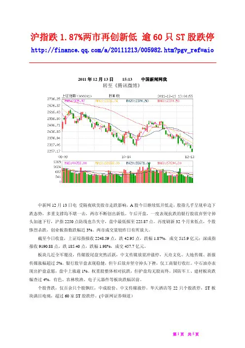 沪指跌1.87%两市再创新低 逾60只ST股跌停