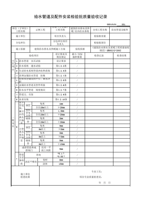 给水管道及配件安装检验批质量验收记录