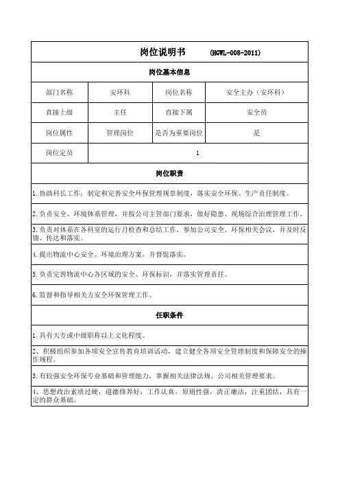 安环科岗位职责与任职条件