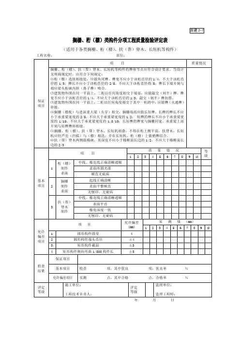 园林绿化技术资料古建2-7搁栅、桁(檩)类构件分项工程质量检验评定表