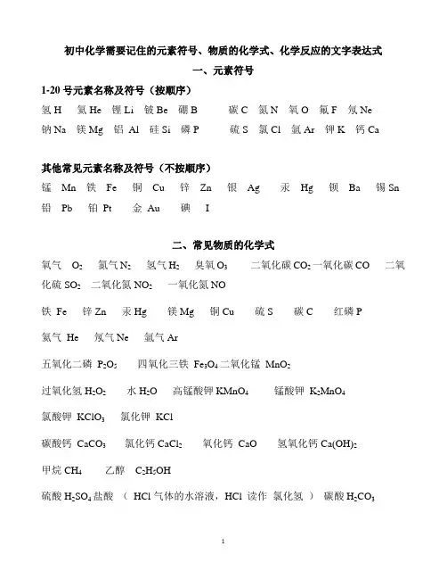 初中化学元素符号、化学式、化学反应的文字表达式总结