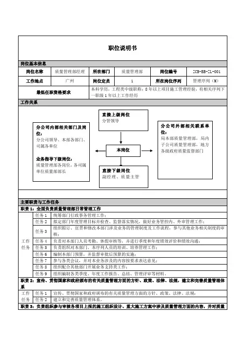 质量管理部经理职位说明书