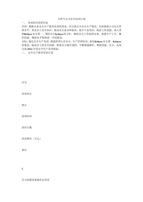 天然气公司安全培训计划