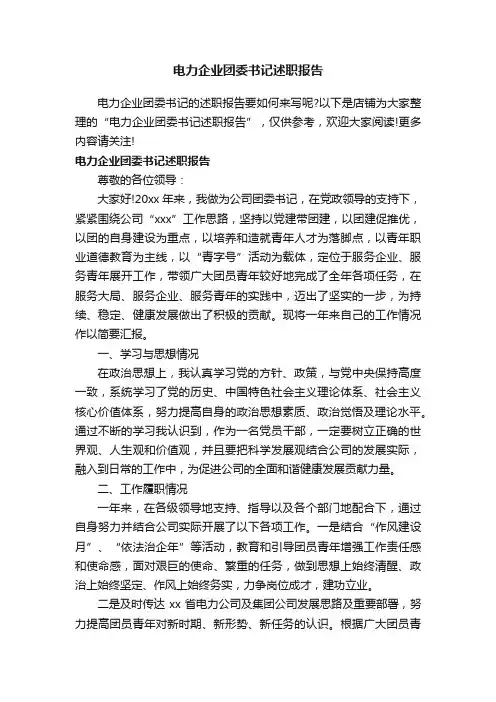 电力企业团委书记述职报告