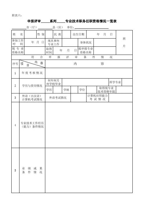 专业技术职务任职资格情况一览表