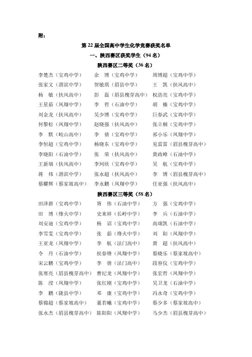 第22届全国高中学生化学竞赛获奖名单