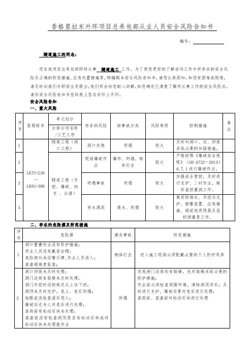 隧道施工安全风险告知书