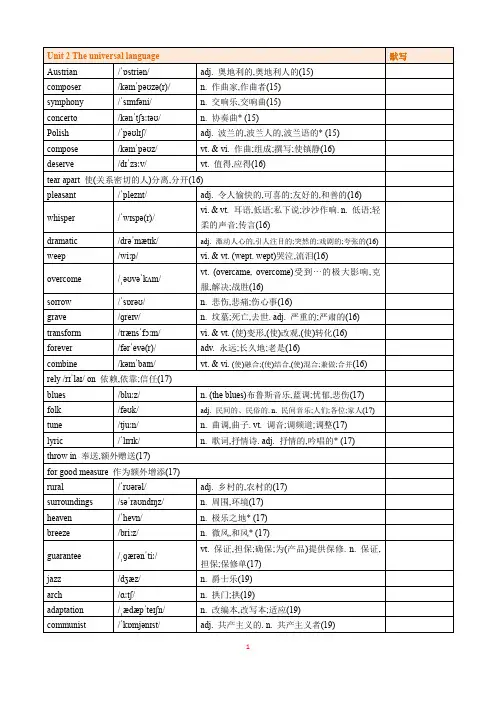 2019译林版高中英语选择性必修一Unit 2 The universal language 单词表