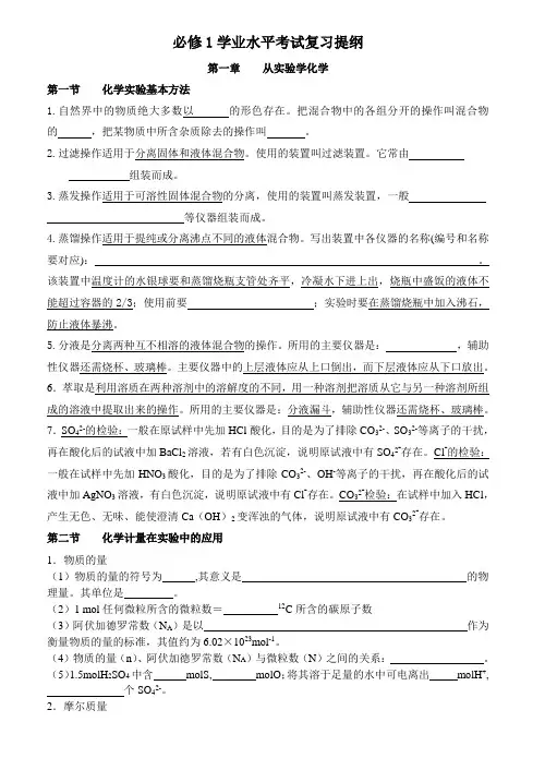 高中化学学业水平测试复习提纲必修1