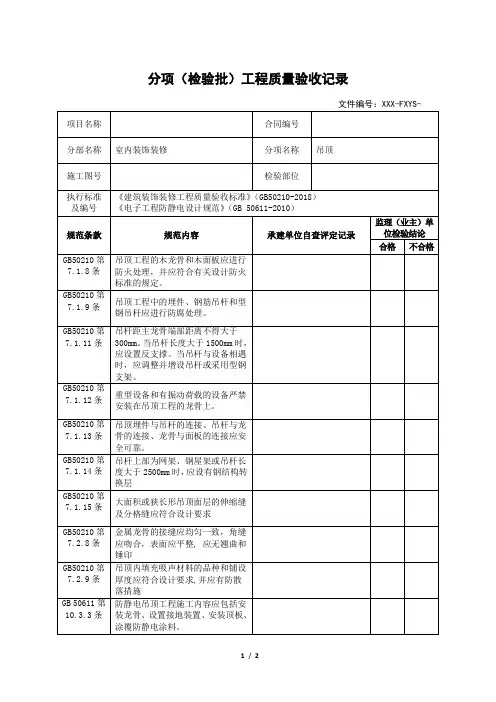 施工质量验收检查表(装修、吊顶)