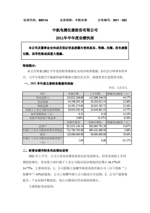 中航电测：2011年半年度业绩快报
 2011-07-18