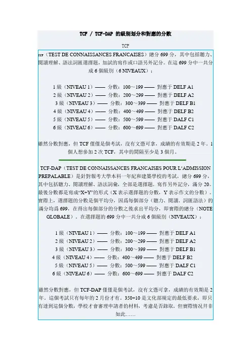 TCF  TCF-DAP 的级别划分和对应的分数