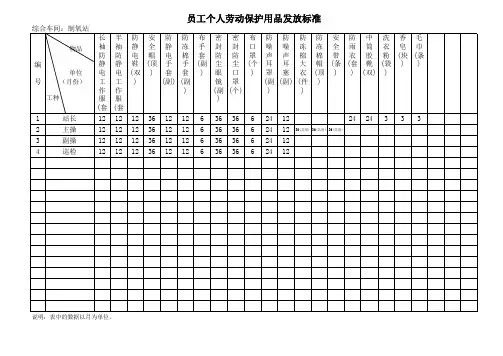 员工个人劳动保护用品发放标准