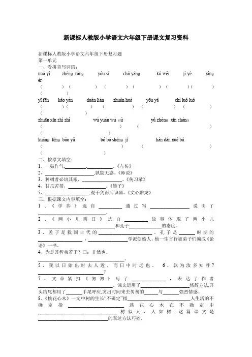新课标人教版小学语文六年级下册课文复习资料