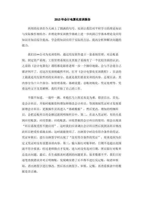 2013年会计电算化实训报告