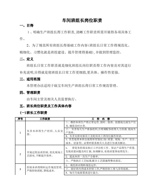 车间班组长岗位职责 2