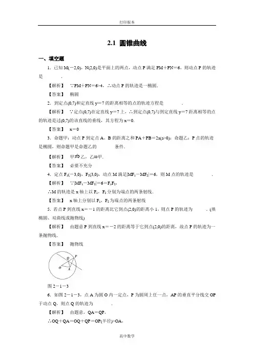 苏教版数学高二- 选修2-1试题 2.1圆锥曲线