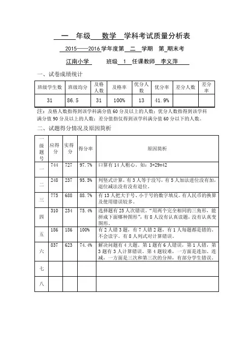 期末考质量分析表一年级