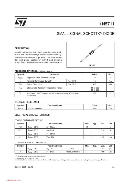 1N5711;中文规格书,Datasheet资料