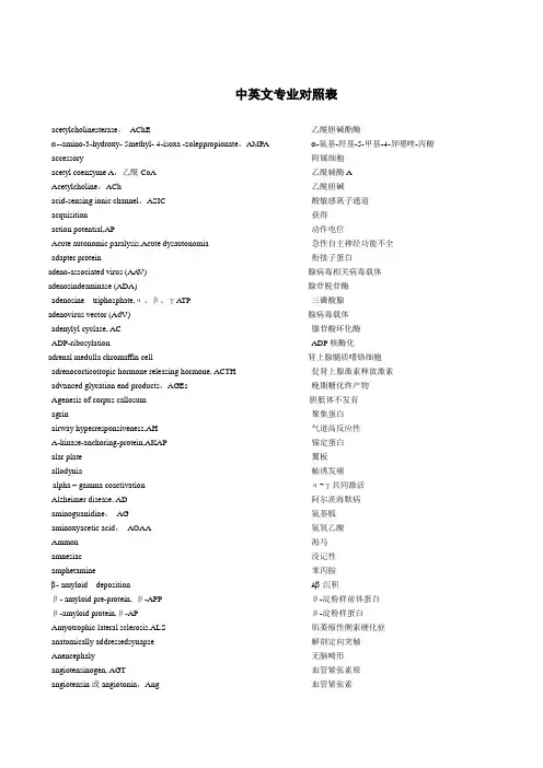 神经科学中英文词汇