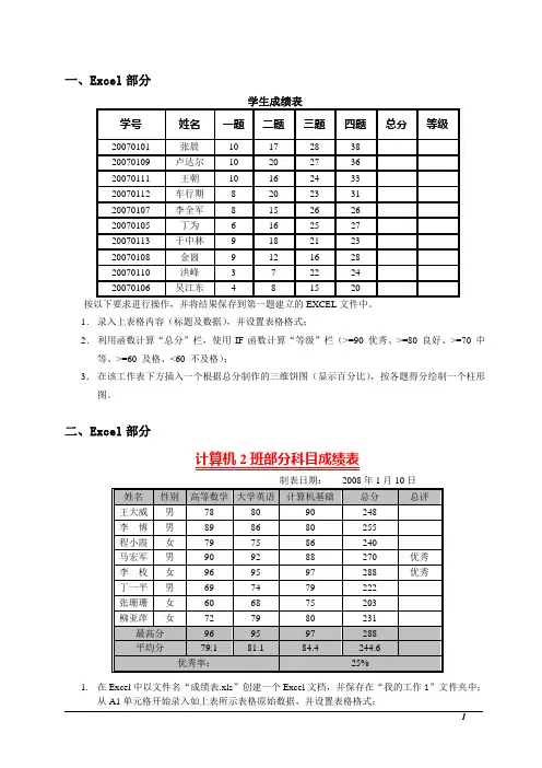 EXCEL上机练习题目