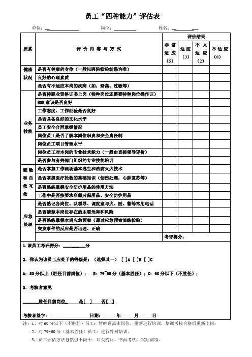 员工四种能力评估表