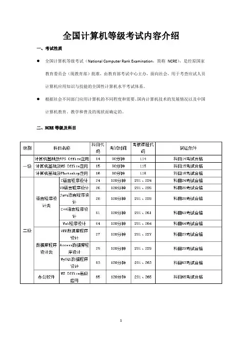 全国计算机等级考试内容介绍