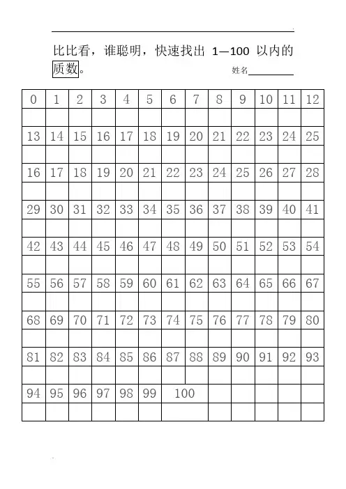 小学数学1—100数字表格