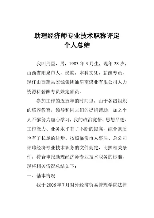 助理经济师专业技术职称评定个人总结