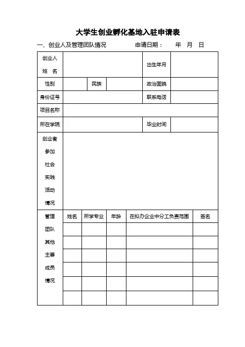 大学生创业孵化基地入驻申请表