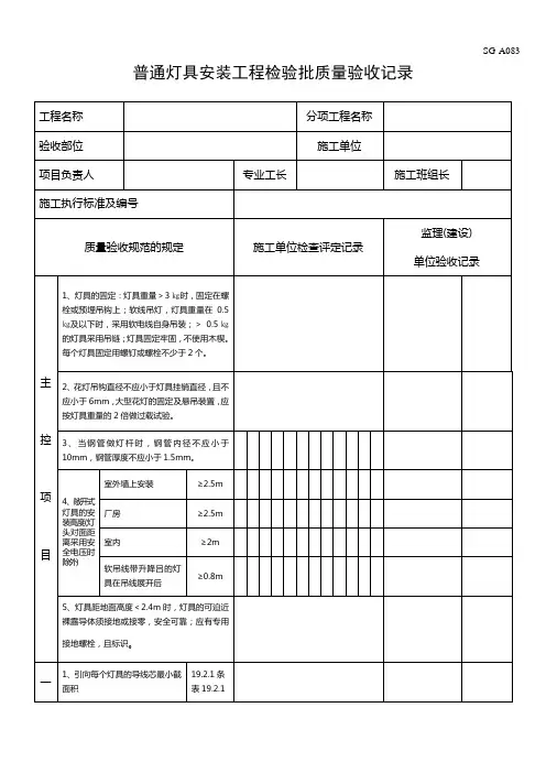 普通灯具安装工程检验批质量验收记录