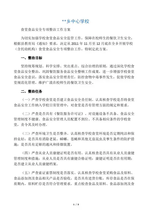 学校食堂食品安全专项整治工作方案