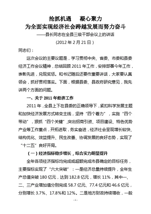 县长同志在全县三级干部会议上的讲话(2012年2月)