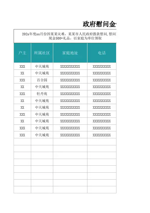 政府慰问金领取登记表Excel模板