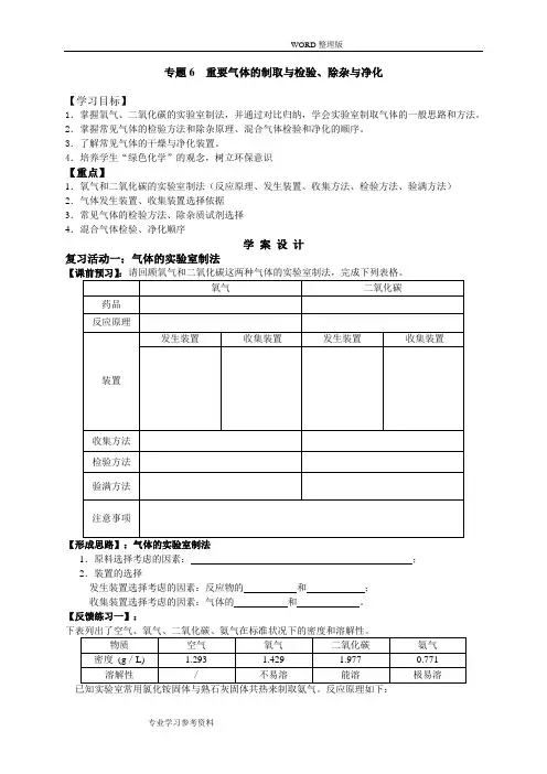 初中化学专题6《重要气体的制取和检验、除杂和净化》