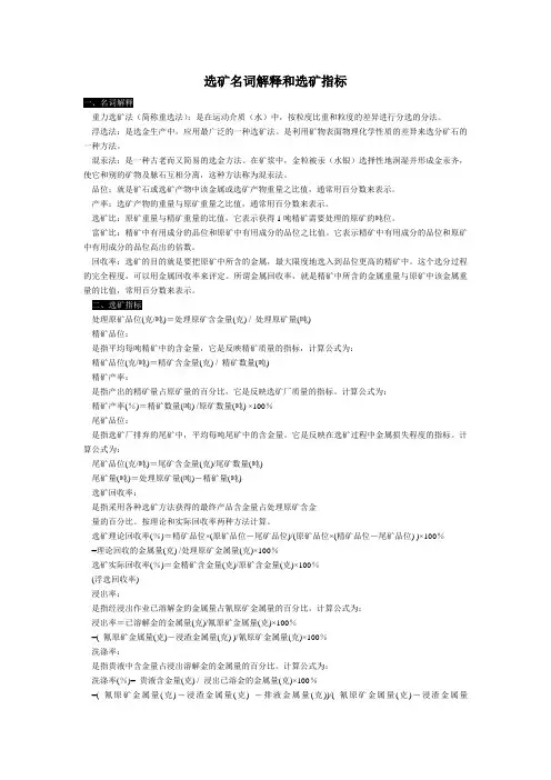 选矿名词解释和选矿指标