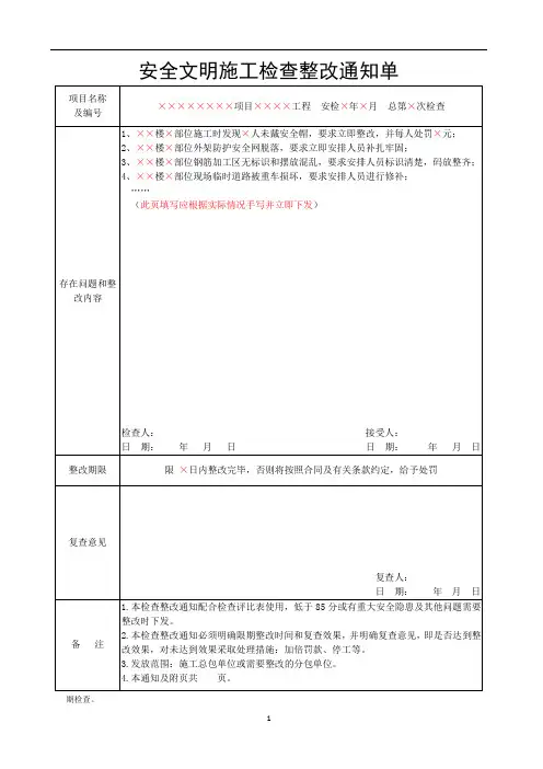 安全文明施工检查整改通知单