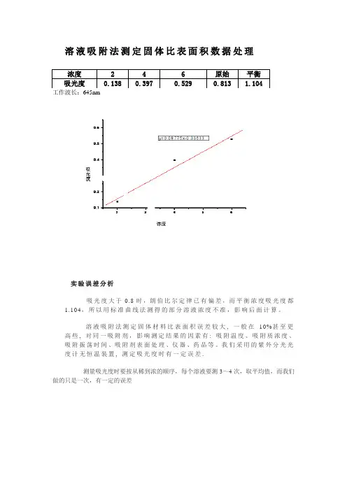 物化实验     溶液吸附法测定固体比表面积数据处理