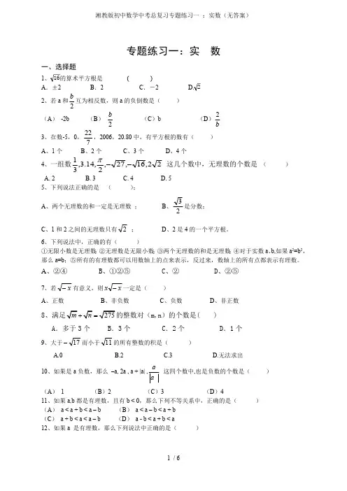 湘教版初中数学中考总复习专题练习一：实数(无答案)(最新整理)