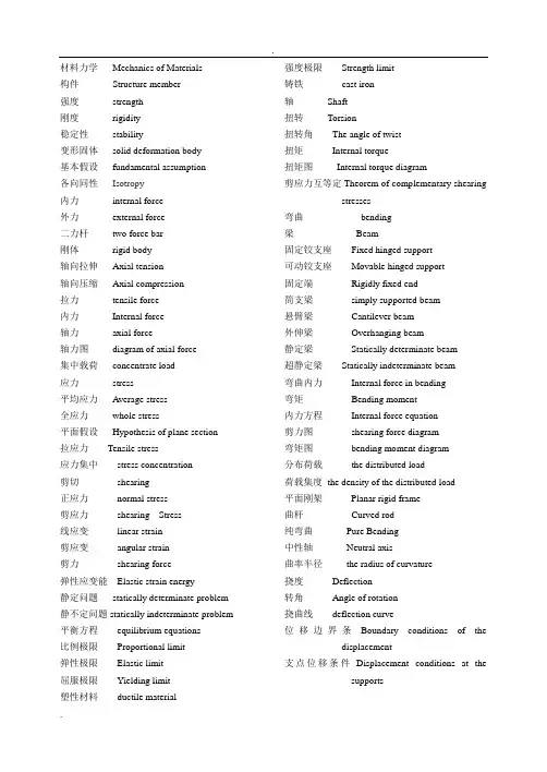 材料力学专业词汇中英对照