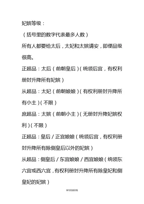古代后宫妃嫔等级