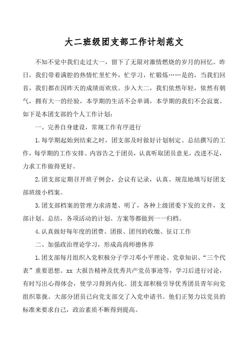 大二班级团支部工作计划范文