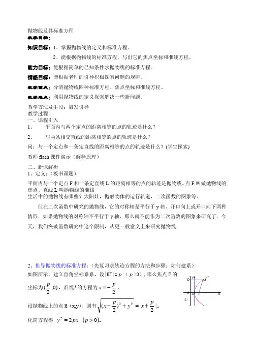 沪教版高中数学高二下册第十二章12.7 抛物线及其标准方程 教案设计
