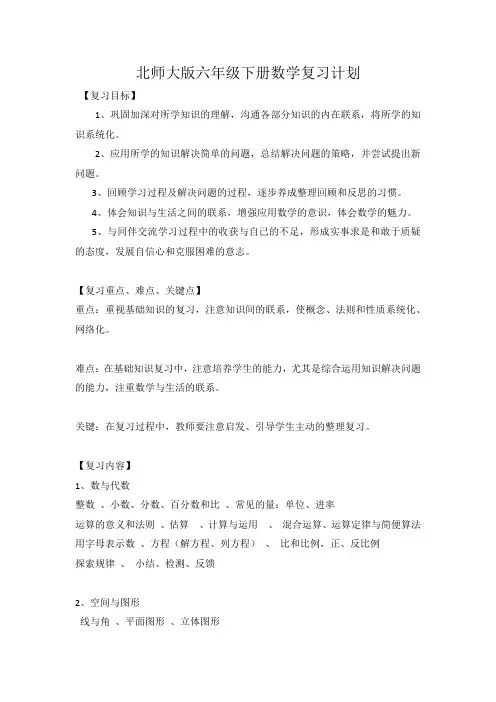 六年级下册数学复习计划