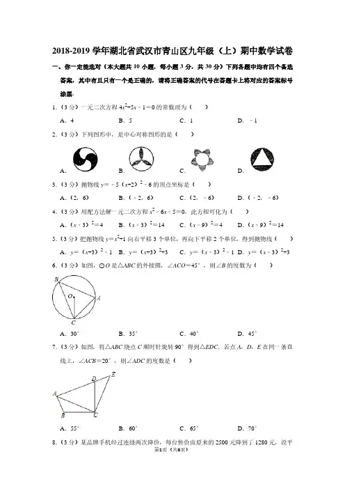 2018-2019学年湖北省武汉市青山区九年级(上)期中数学试卷