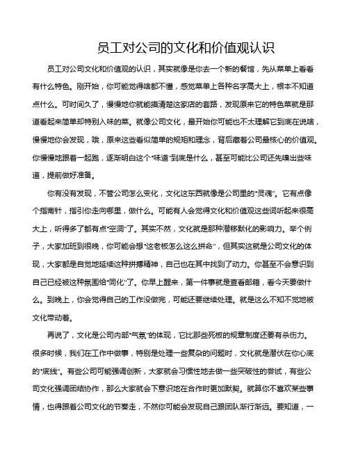 员工对公司的文化和价值观认识