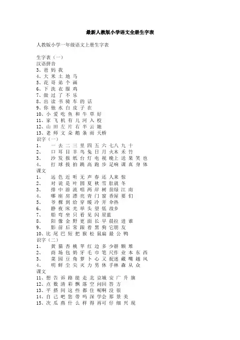 最新人教小学语文全册生字表