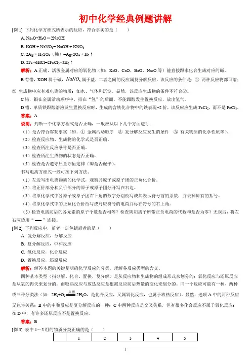 初中化学经典例题及其讲解