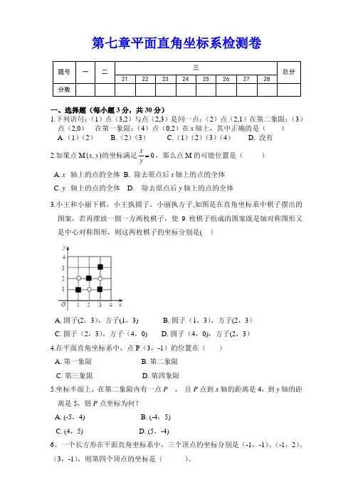 人教版数学七年级下册 第七章《平面直角坐标系》全章测试题(含答案)