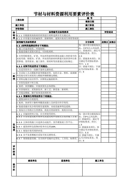 节材与材料资源利用要素评价表